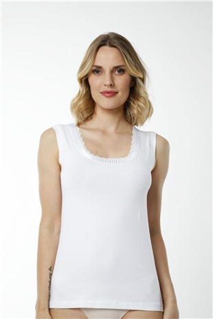 Hmd 2440 Beyaz Pamuklu Rahat Doku Yaka Detaylı Kalın Askılı Kadın Atlet