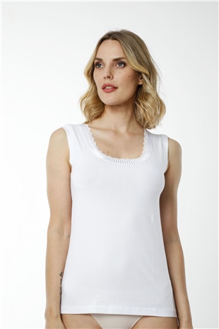 Hmd 2440 Beyaz Pamuklu Rahat Doku Yaka Detaylı Kalın Askılı Kadın Atlet