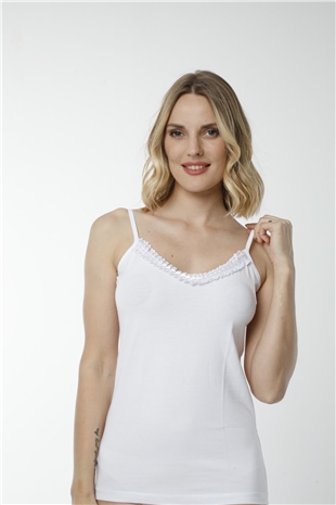 Hmd 2442 Beyaz 3lü Pamuklu Rahat Doku Güpür Göğüs Detaylı İnce Askılı Kadın Atlet