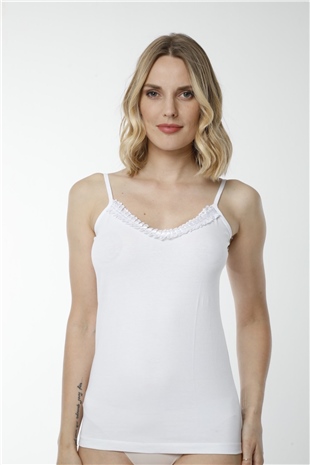 Hmd 2442 Beyaz 3lü Pamuklu Rahat Doku Güpür Göğüs Detaylı İnce Askılı Kadın Atlet