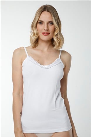 Hmd 2442 Beyaz Pamuklu Rahat Doku Güpür Göğüs Detaylı İnce Askılı Kadın Atlet
