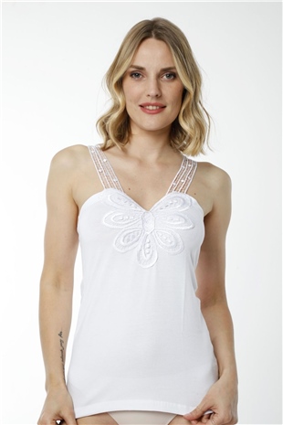 Hmd 2444 Beyaz 3lü Pamuklu Rahat Doku Göğüs Desenli Dantelli Askılı Kadın Atlet