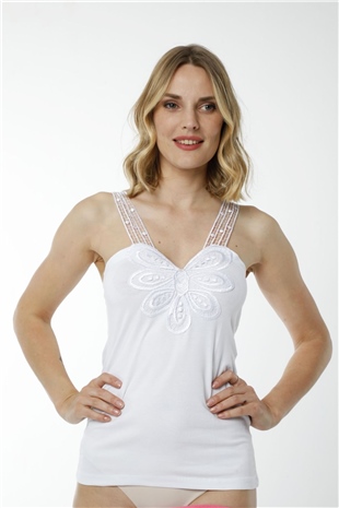 Hmd 2444 Beyaz 3lü Pamuklu Rahat Doku Göğüs Desenli Dantelli Askılı Kadın Atlet