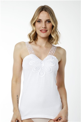 Hmd 2444 Beyaz Pamuklu Rahat Doku Göğüs Desenli Dantelli Askılı Kadın Atlet