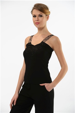 Hmd 2444 Siyah 3lü Pamuklu Rahat Doku Göğüs Desenli Dantelli Askılı Kadın Atlet