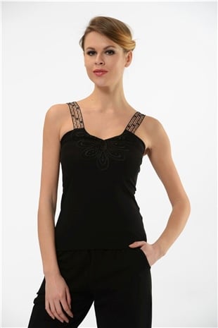 Hmd 2444 Siyah 3lü Pamuklu Rahat Doku Göğüs Desenli Dantelli Askılı Kadın Atlet