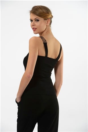 Hmd 2444 Siyah 3lü Pamuklu Rahat Doku Göğüs Desenli Dantelli Askılı Kadın Atlet