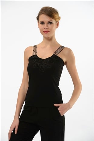 Hmd 2444 Siyah 3lü Pamuklu Rahat Doku Göğüs Desenli Dantelli Askılı Kadın Atlet