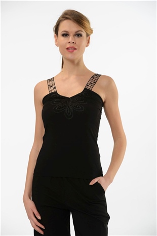 Hmd 2444 Siyah Pamuklu Rahat Doku Göğüs Desenli Dantelli Askılı Kadın Atlet