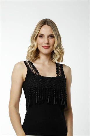 Hmd 2475 Siyah 3lü Rahat Doku Pamuklu Göğüs Kısmı Güpür Detaylı Kalın Askılı Kadın Atlet