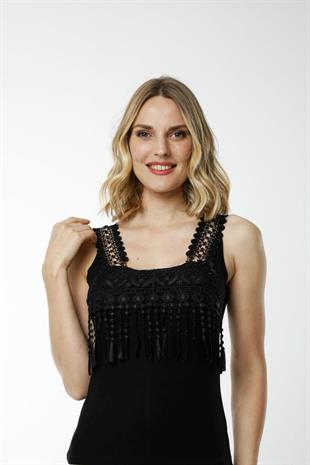 Hmd 2475 Siyah Rahat Doku Pamuklu Göğüs Kısmı Güpür Detaylı Kalın Askılı Kadın Atlet