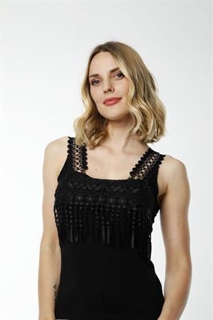 Hmd 2475 Siyah Rahat Doku Pamuklu Göğüs Kısmı Güpür Detaylı Kalın Askılı Kadın Atlet