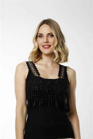 Hmd 2475 Siyah Rahat Doku Pamuklu Göğüs Kısmı Güpür Detaylı Kalın Askılı Kadın Atlet