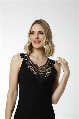 Hmd 2479 Siyah 3lü Pamuklu Rahat Doku Göğüs Güpür Detaylı Askılı Kadın Atlet