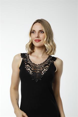 Hmd 2479 Siyah 3lü Pamuklu Rahat Doku Göğüs Güpür Detaylı Askılı Kadın Atlet