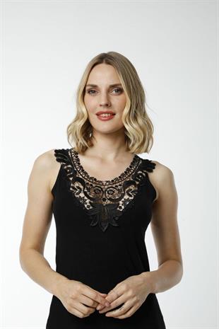 Hmd 2479 Siyah Pamuklu Rahat Doku Göğüs Güpür Detaylı Askılı Kadın Atlet