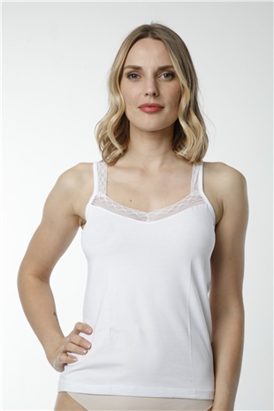 Hmd 2490 Beyaz Pamuklu Rahat Doku Güpür Detaylı Kadın Atlet