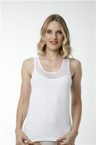 Hmd 2492 Beyaz 3lü Pamuklu Rahat Doku Tül Detaylı Kalın Askılı Kadın Atlet