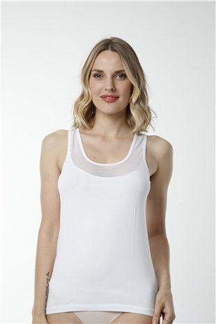 Hmd 2492 Beyaz 3lü Pamuklu Rahat Doku Tül Detaylı Kalın Askılı Kadın Atlet