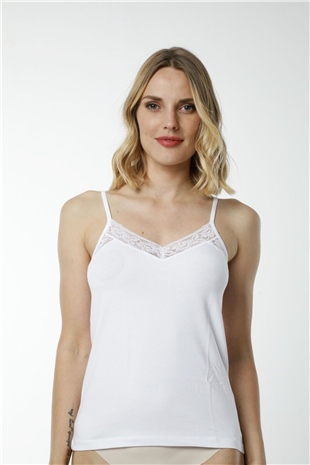 Hmd 2496 Beyaz 3lü Pamuklu Rahat Doku Dantel Detaylı İnce Askılı Kadın Atlet