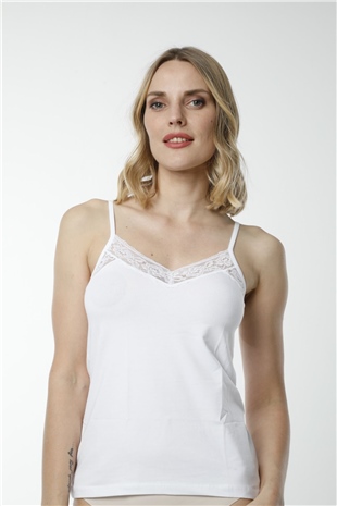 Hmd 2496 Beyaz Pamuklu Rahat Doku Dantel Detaylı İnce Askılı Kadın Atlet