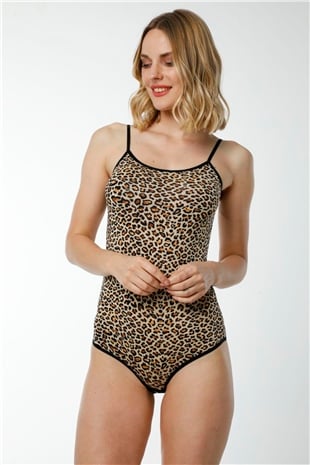 Hmd 3003 Kadın 3lü Rahat Doku Pamuklu Leopar Desenli İnce Askılı Çıtçıtlı Body