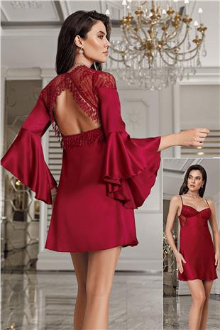 İmaj 3200 Kadın Bordo Sabahlıklı Gecelik İkili Çeyizlik Saten Set