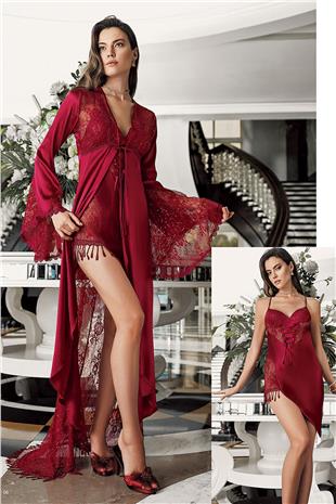 İmaj 3201 Kadın Bordo Sabahlıklı Gecelik İkili Çeyizlik Saten Set
