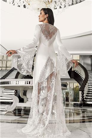 İmaj 3201 Kadın Ekru Sabahlıklı Gecelik İkili Çeyizlik Saten Set