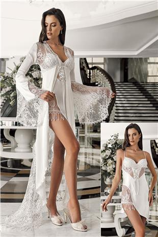 İmaj 3201 Kadın Ekru Sabahlıklı Gecelik İkili Çeyizlik Saten Set