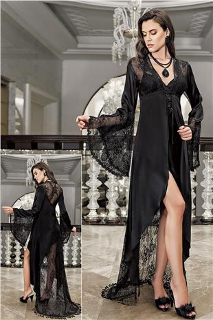 İmaj 3201 Kadın Siyah Sabahlıklı Gecelik İkili Çeyizlik Saten Set