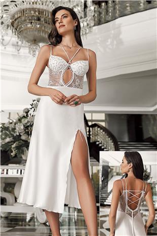 İmaj 3202 Kadın Ekru Sabahlıklı Gecelik İkili Çeyizlik Saten Set