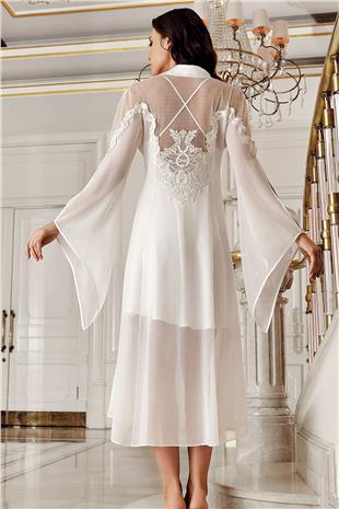 İmaj 4201 Kadın Ekru Sabahlıklı Gecelik İkili Çeyizlik Saten Set