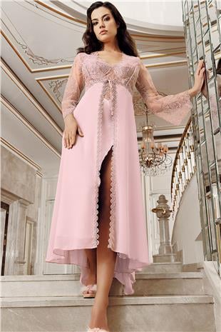 İmaj 4206 Kadın Pudra Sabahlıklı Gecelik İkili Çeyizlik Saten Set