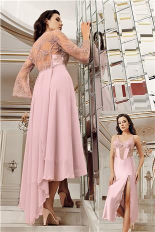 İmaj 4206 Kadın Pudra Sabahlıklı Gecelik İkili Çeyizlik Saten Set