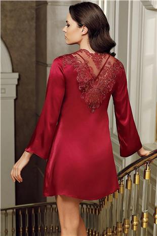 İmaj 4207 Kadın Bordo Sabahlıklı Gecelik İkili Çeyizlik Saten Set