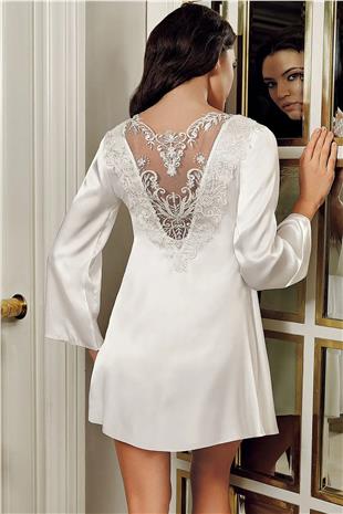 İmaj 4207 Kadın Ekru Sabahlıklı Gecelik İkili Çeyizlik Saten Set