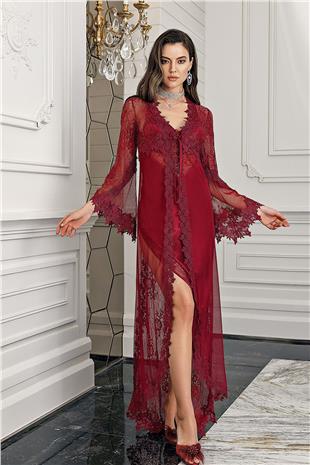 İmaj 5200 Kadın Bordo Sabahlıklı Gecelik İkili Çeyizlik Saten Set