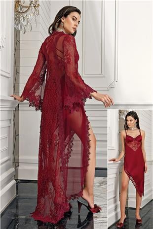 İmaj 5200 Kadın Bordo Sabahlıklı Gecelik İkili Çeyizlik Saten Set