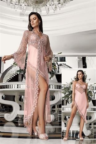 İmaj 5200 Kadın Pudra Sabahlıklı Gecelik İkili Çeyizlik Saten Set