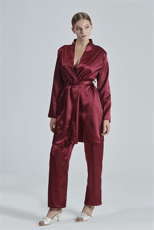 Kadın Bordo Saten Çeyiz Seti 6 Parça Dantelli Sabahlık Gecelik Pijama Şortlu Takım