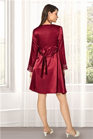 Kadın Bordo Saten Çeyiz Seti 6 Parça Dantelli Sabahlık Gecelik Pijama Şortlu Takım