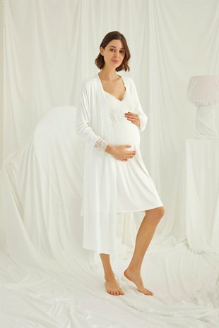 Kadın Ekru Ayarlanabilir Askılı Emzirme Özellikli Dantelli Hamile Lohusa Sabahlıklı Gecelik Takım
