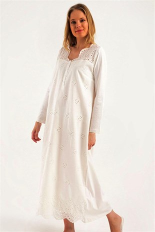 Kadın Ekru Lohusa Pamuklu Tesettür Gecelik Sabahlık Takımı