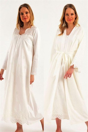 Kadın Ekru Lohusa Pamuklu Tesettür Gecelik Sabahlık Takımı