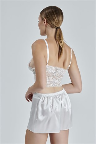 Kadın Ekru Saten Çeyiz Seti 6 Parça Dantelli Sabahlık Gecelik Pijama Şortlu Takım