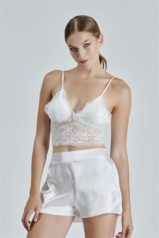Kadın Ekru Saten Çeyiz Seti 6 Parça Dantelli Sabahlık Gecelik Pijama Şortlu Takım