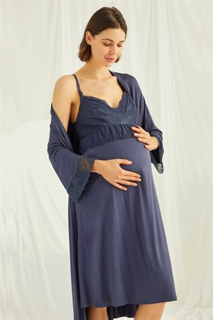 Kadın Lacivert Ayarlanabilir Askılı Emzirme Özellikli Dantelli Hamile Lohusa Sabahlıklı Gecelik Takım