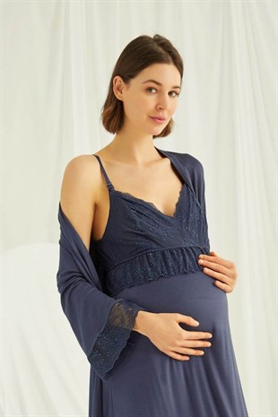 Kadın Lacivert Ayarlanabilir Askılı Emzirme Özellikli Dantelli Hamile Lohusa Sabahlıklı Gecelik Takım