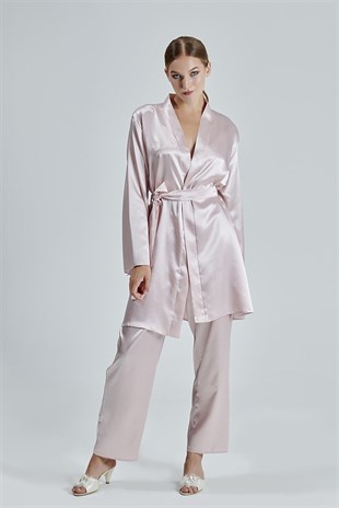 Kadın Pudra Saten Çeyiz Seti 6 Parça Dantelli Sabahlık Gecelik Pijama Şortlu Takım